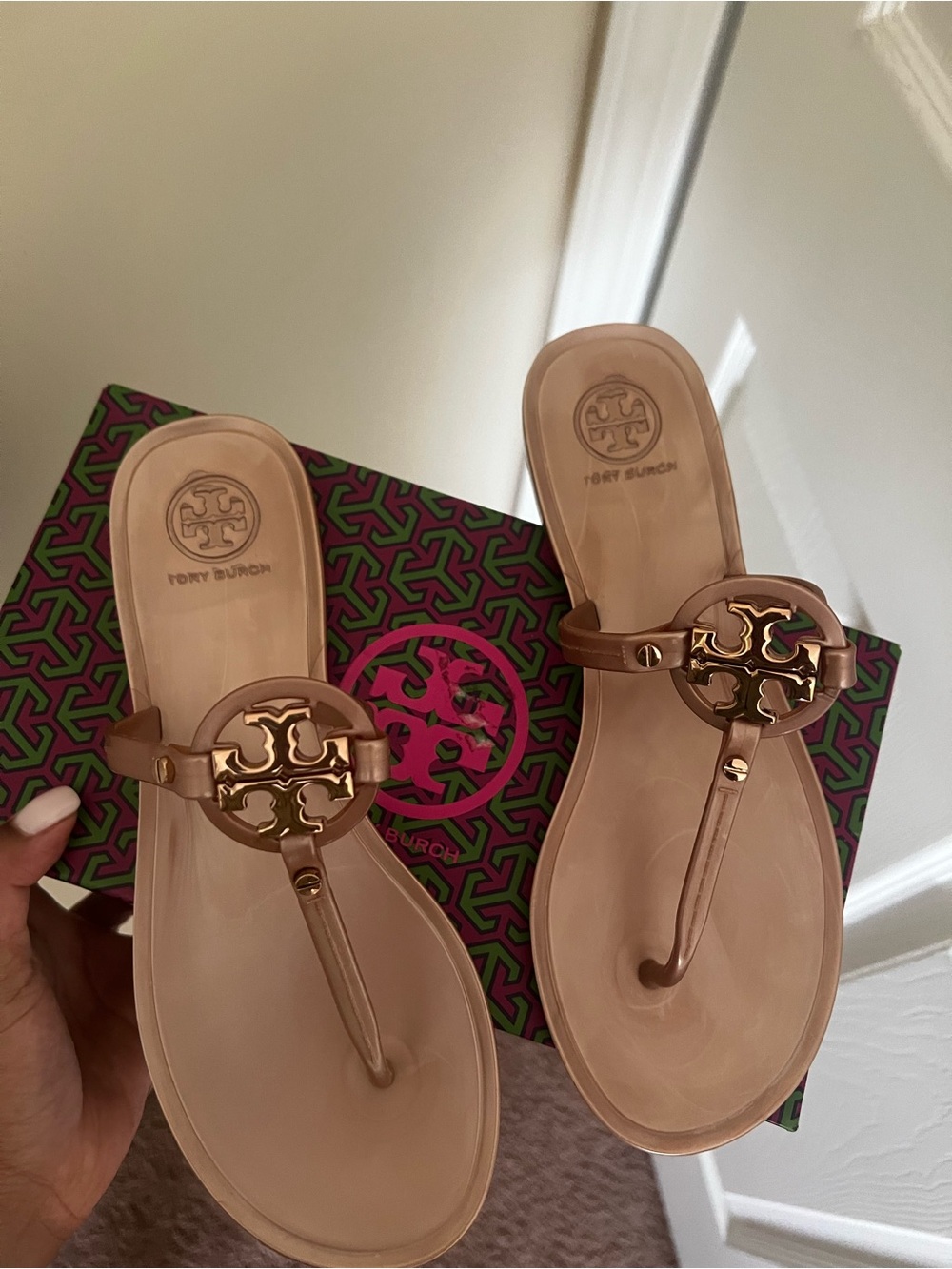 Tory Burch Mini Miller Metallic Rose Gold Jelly Thong Sandals - Size 6